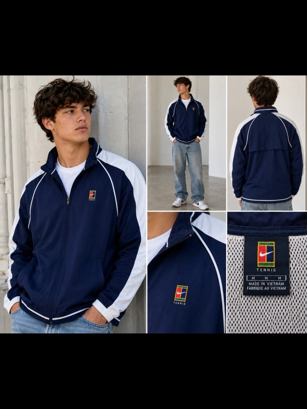Nike Court Vintage Rare Tennis Men's Navy and White Track Jacket 1990s Medium
